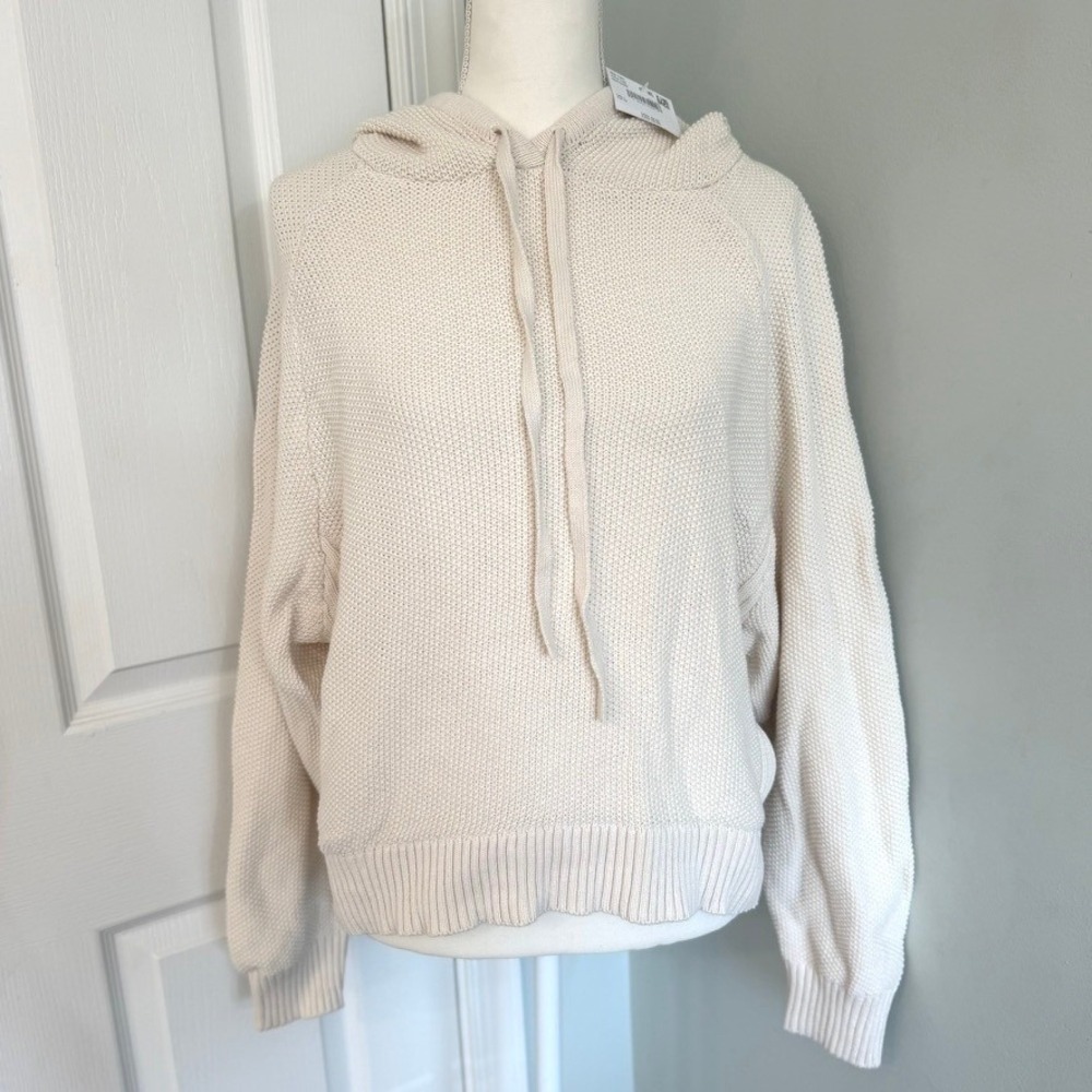 American Eagle Womens Cream Knit Hoodie Sweater Cotton Ribbed Textured Large